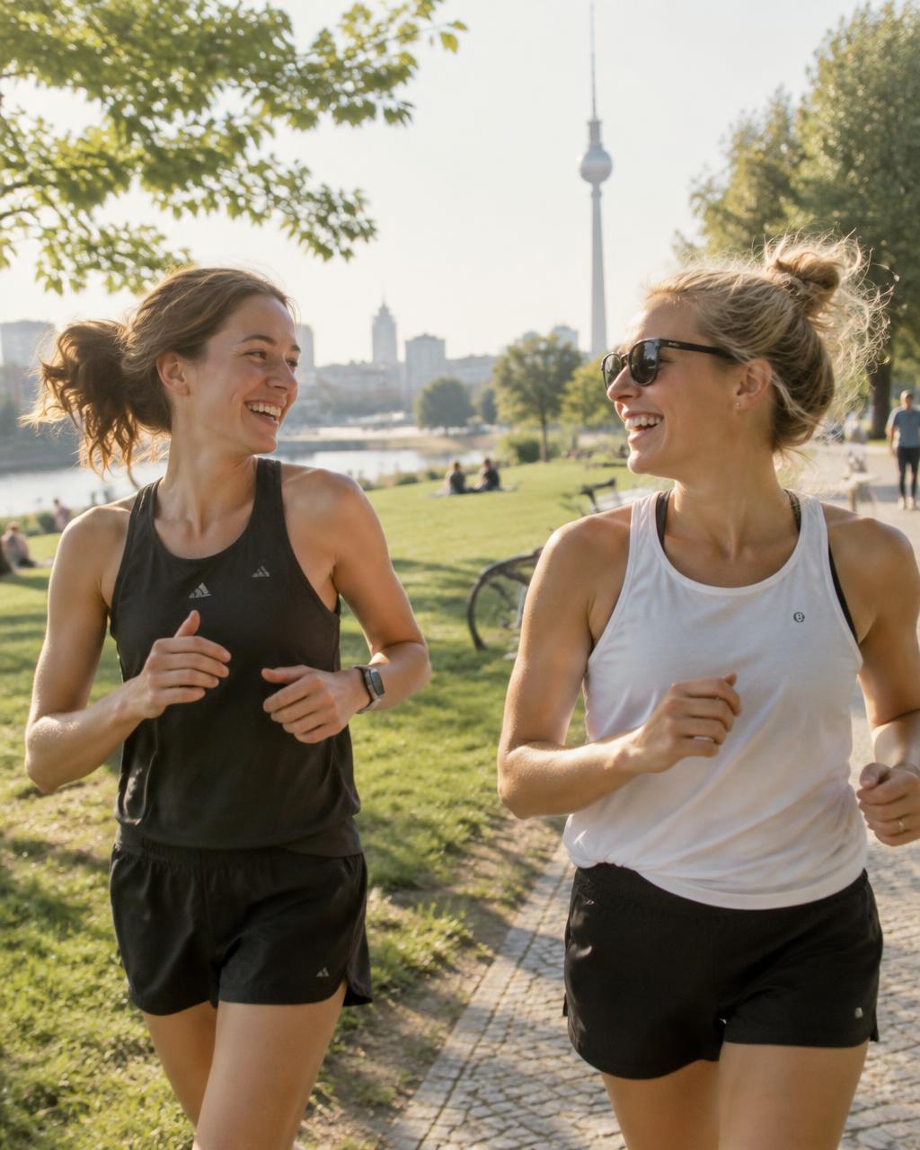 Zwei Freundinnen lachen bei einer Sonntagsrunde durch einen Berliner Park